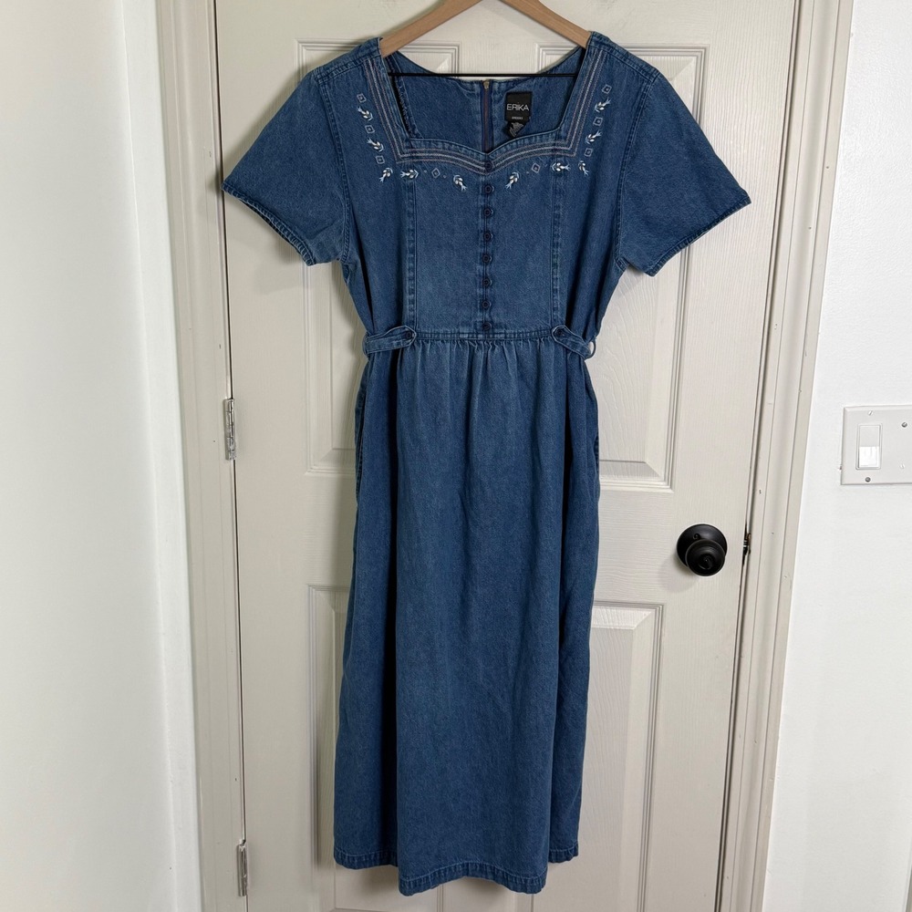 Vintage Erika Denim Dress Womens XL Blue Embroidered 90s Prairie Cottagecore